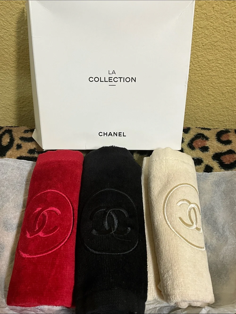CHANEL Black, Cream & Red Embroidered CC Hand Towels - La Collection